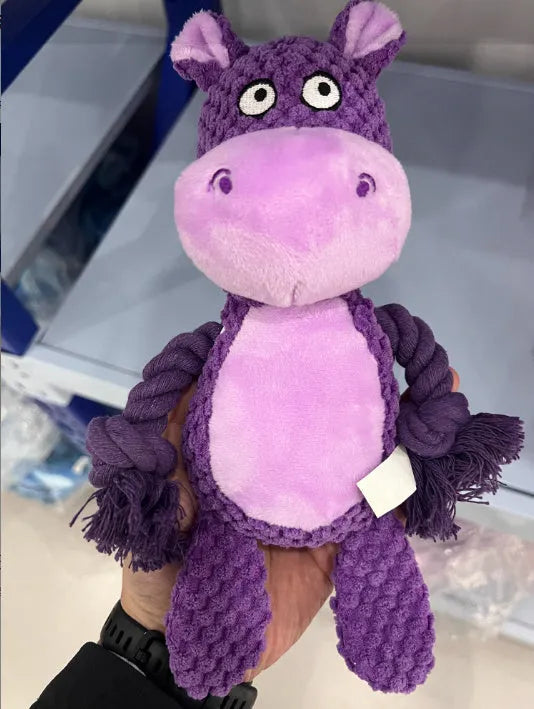 Plush hippo dog toy with cotton rope for tug of war and training, soft plush material.