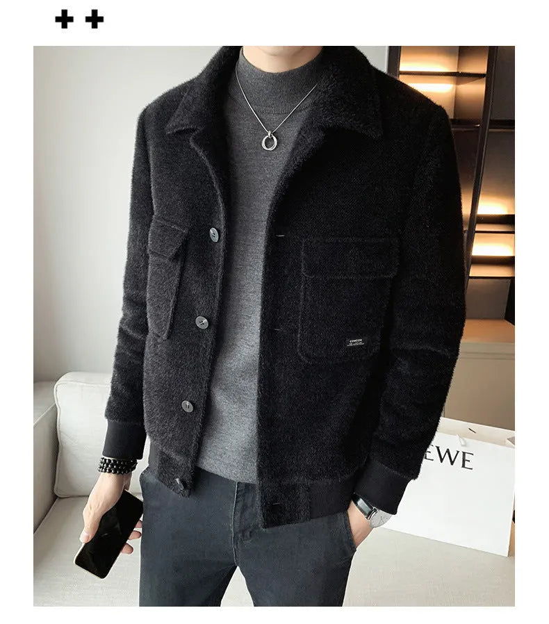 Golden mink velvet lapel fur coat in solid colour with bag cover seam pockets, available in black and yellow, sizes M to XXXL