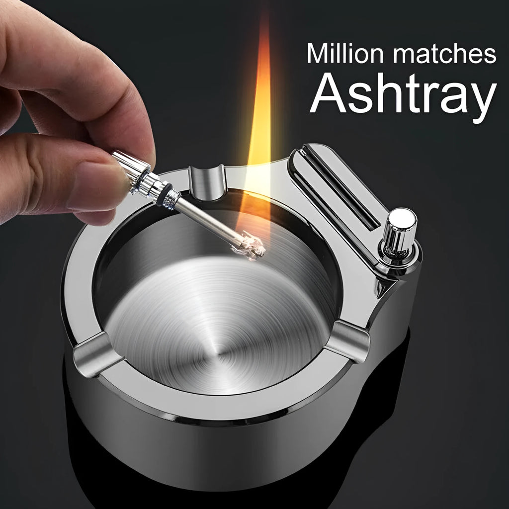 Large blue metal ashtray with a built-in permanent match lighter and three cigarette slots.