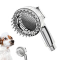 Silver 2-in-1 dog shower attachment with soft silicone comb teeth and ergonomic grip for home bathing