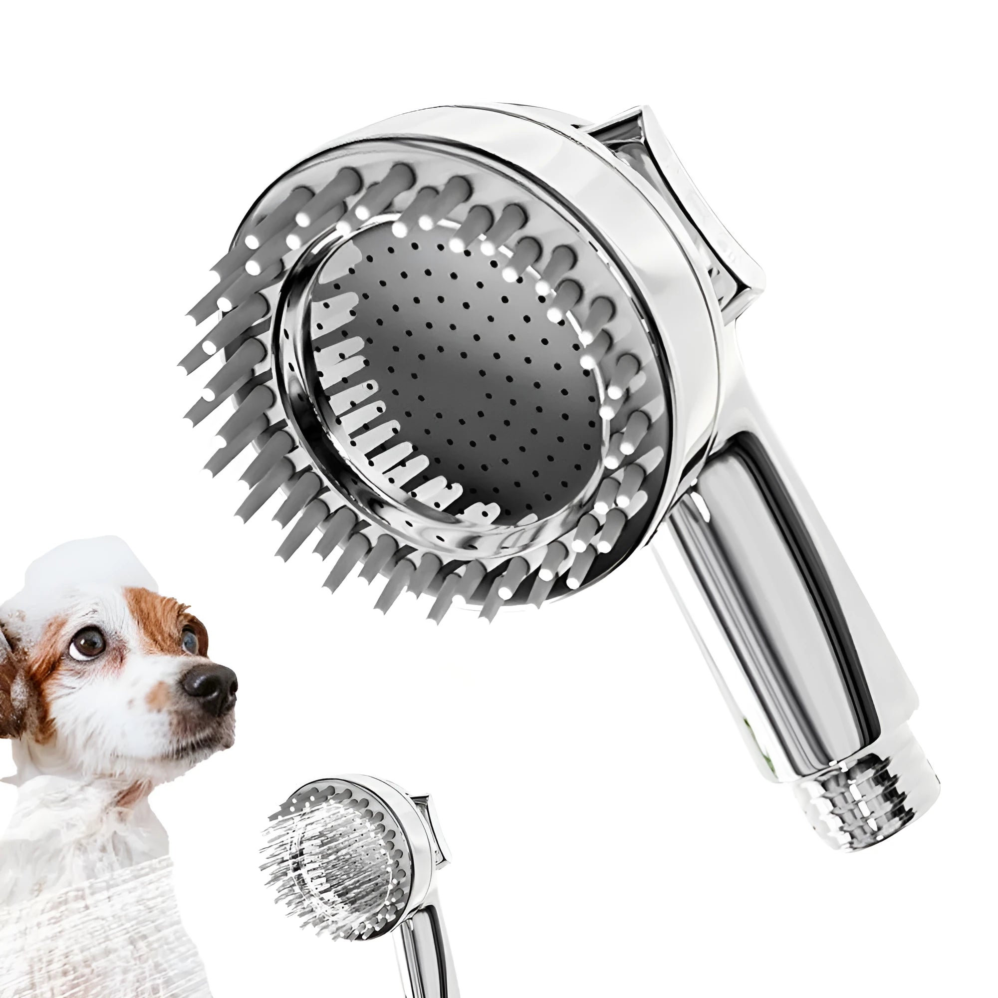 Silver 2-in-1 dog shower attachment with soft silicone comb teeth and ergonomic grip for home bathing