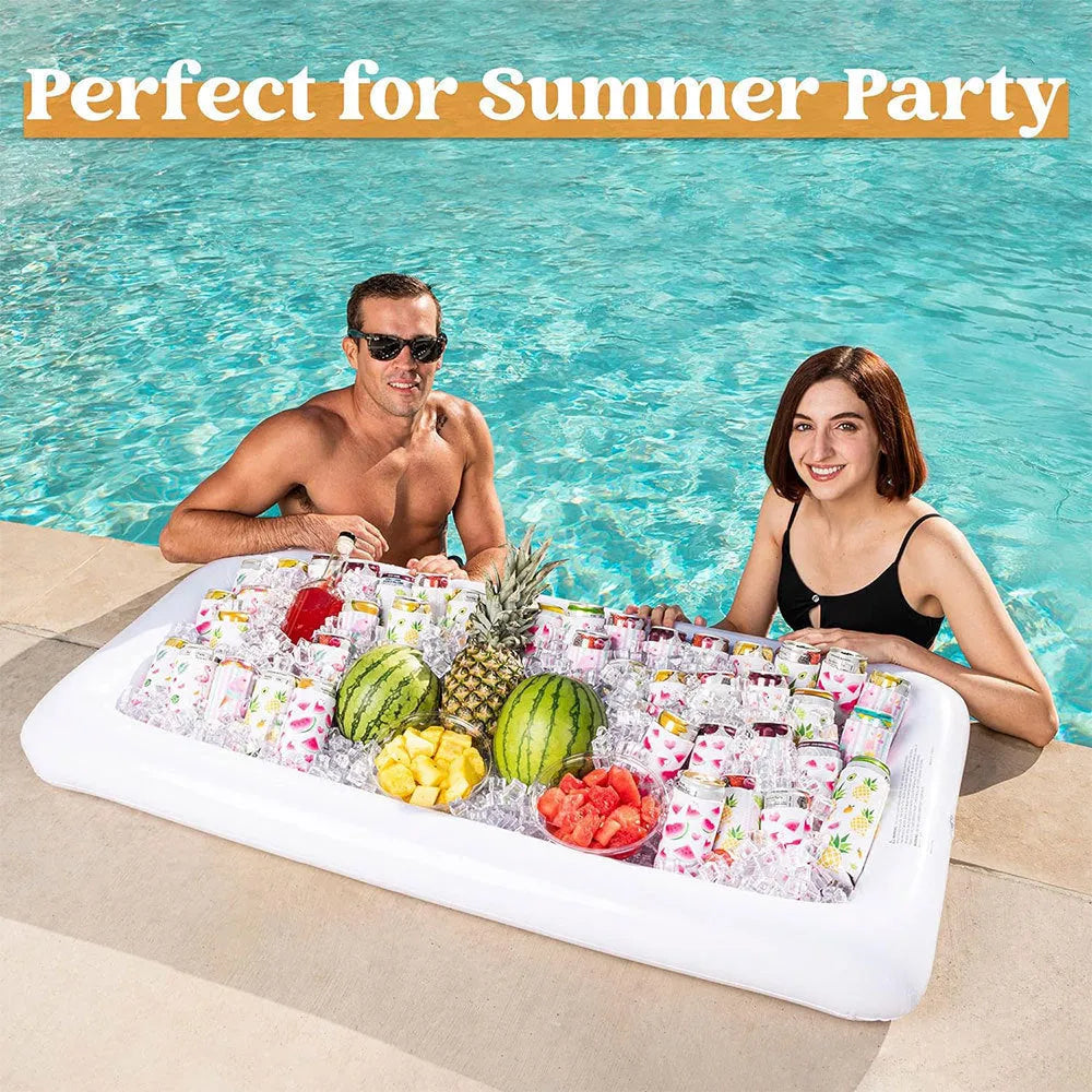 Yellow inflatable ice bar with cup holder and ice bucket for party drinks service.
