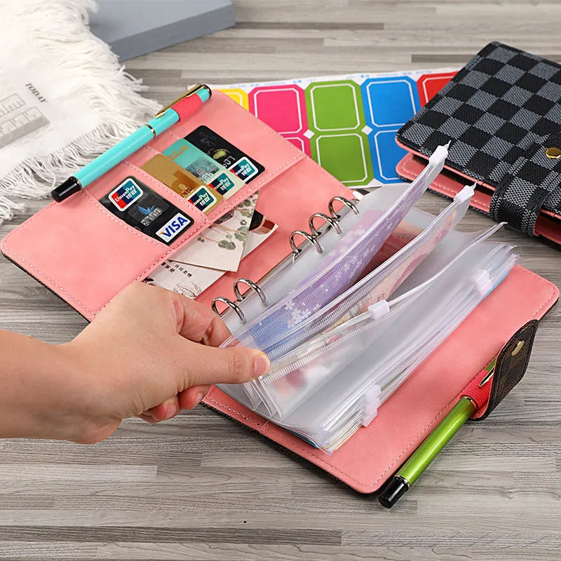 A7 size PU leather loose-leaf notebook with checkered pattern and buckle closure in brown colour
