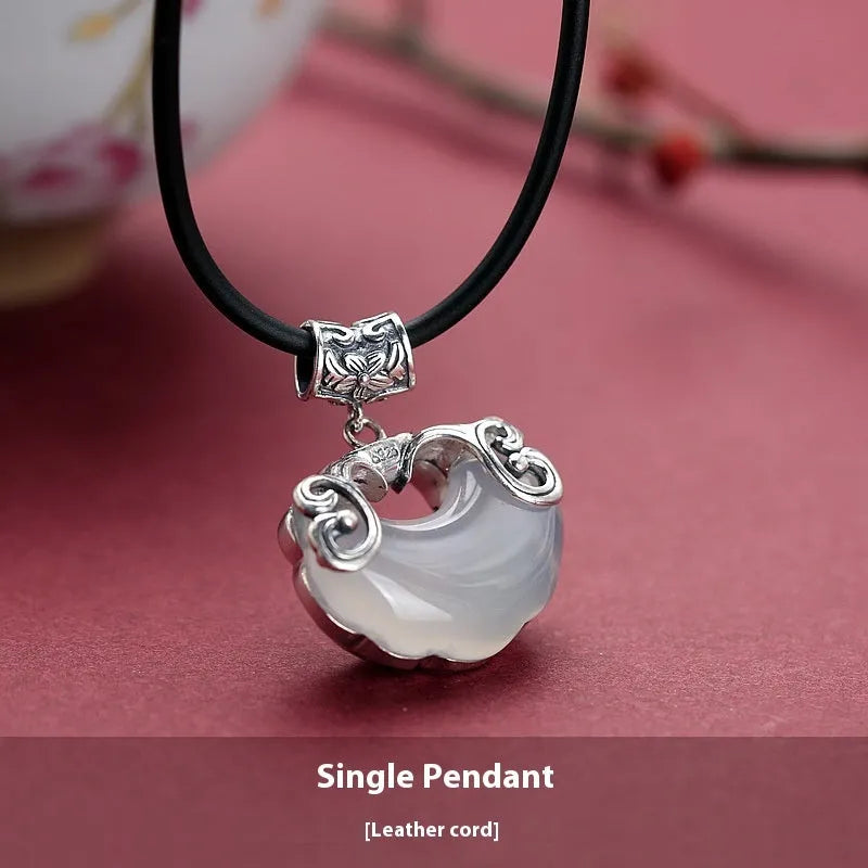 Jade Top Koi natural white chalcedony longevity lock pendant on silver plated collar