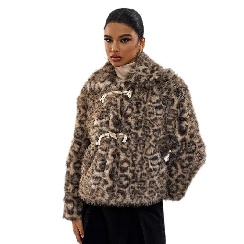 Women's leopard print coat with buckle lapel in polyester street fashion style