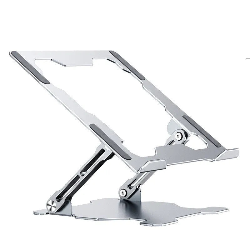 Grey adjustable aluminium laptop stand in folded and unfolded positions showing hollow design