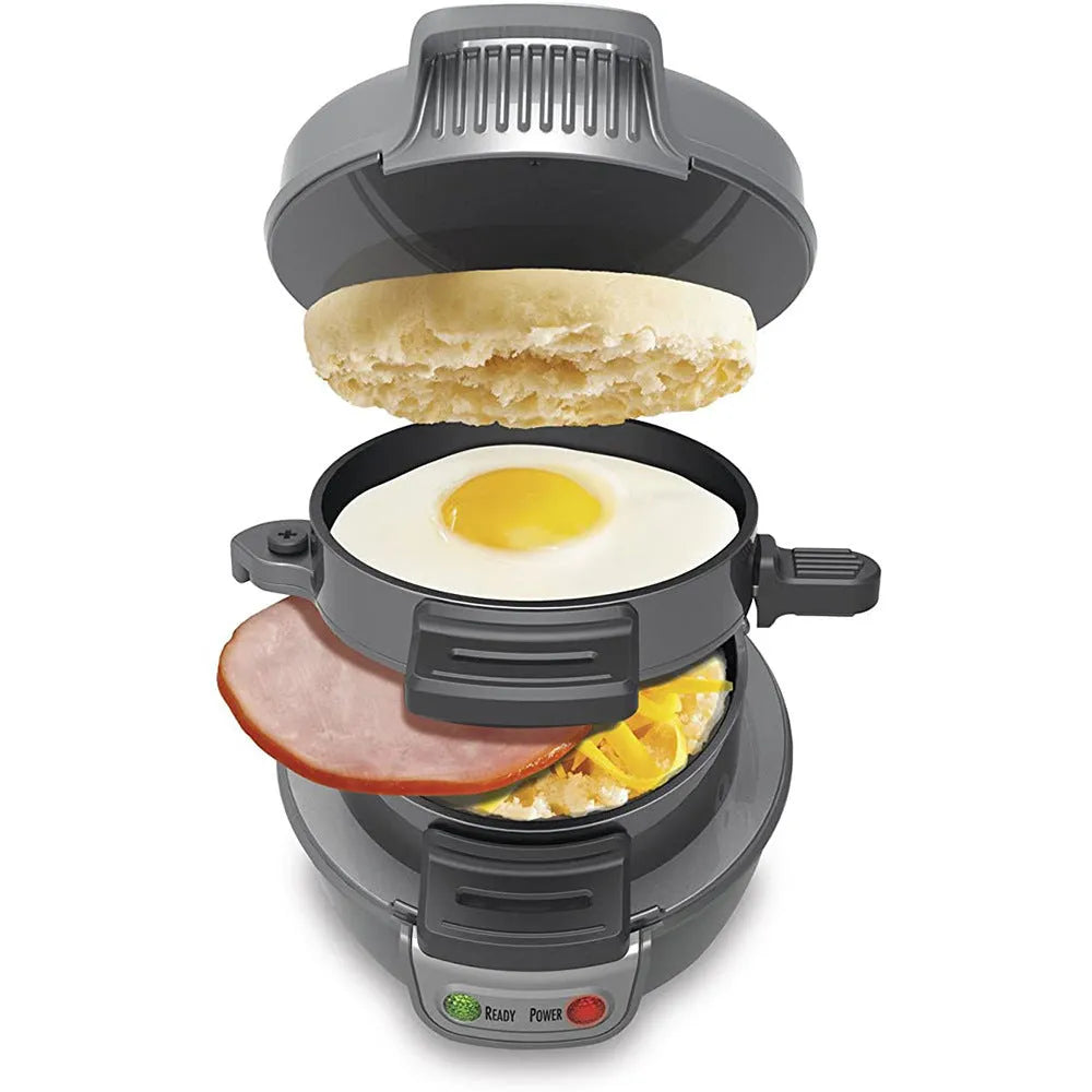 Breakfast machine sandwich maker with egg cooker ring and waffle plates in red, orange or grey