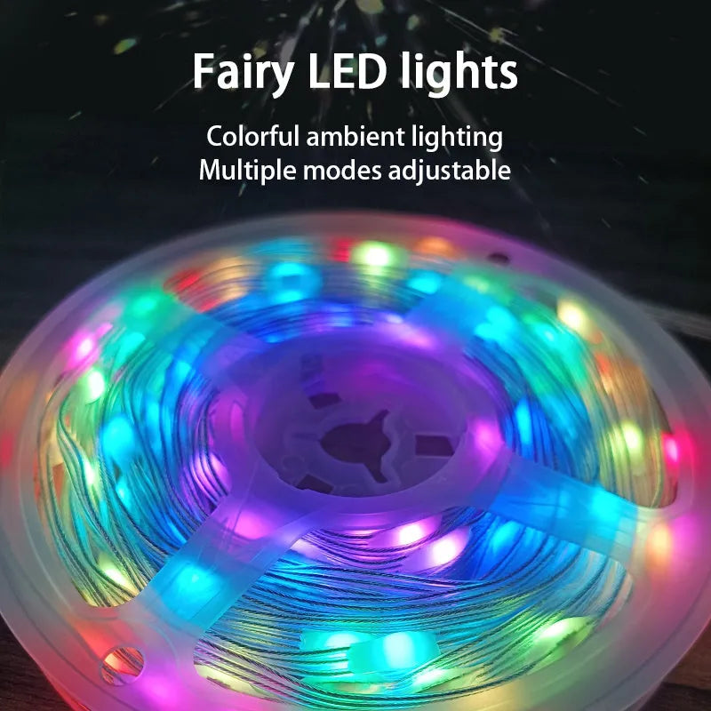 10-metre long multi-colour LED decorative light string with remote control on a white background
