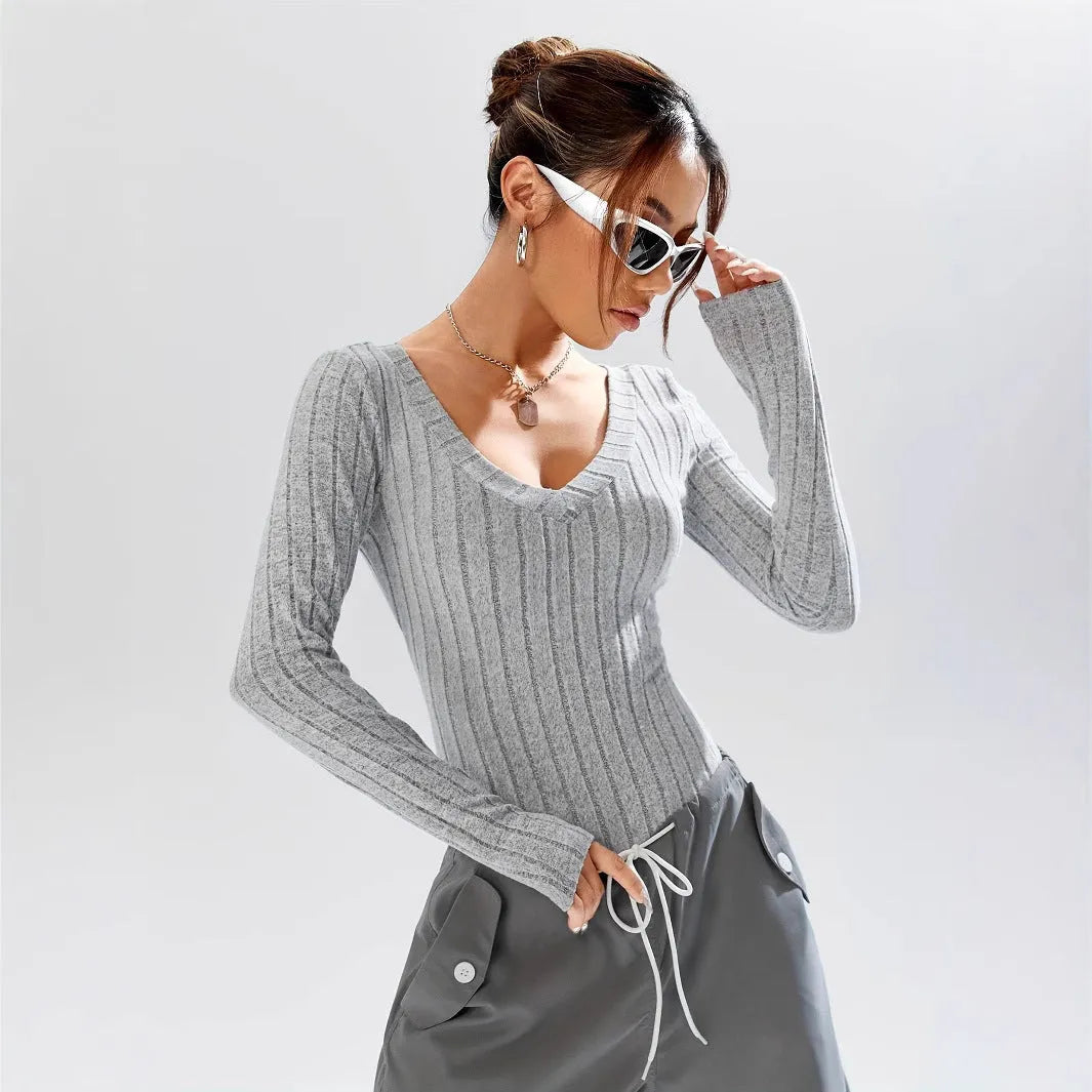 Simple casual solid colour deep V-neck slim fit waist-controlled long sleeve jumpsuit for women in light gray