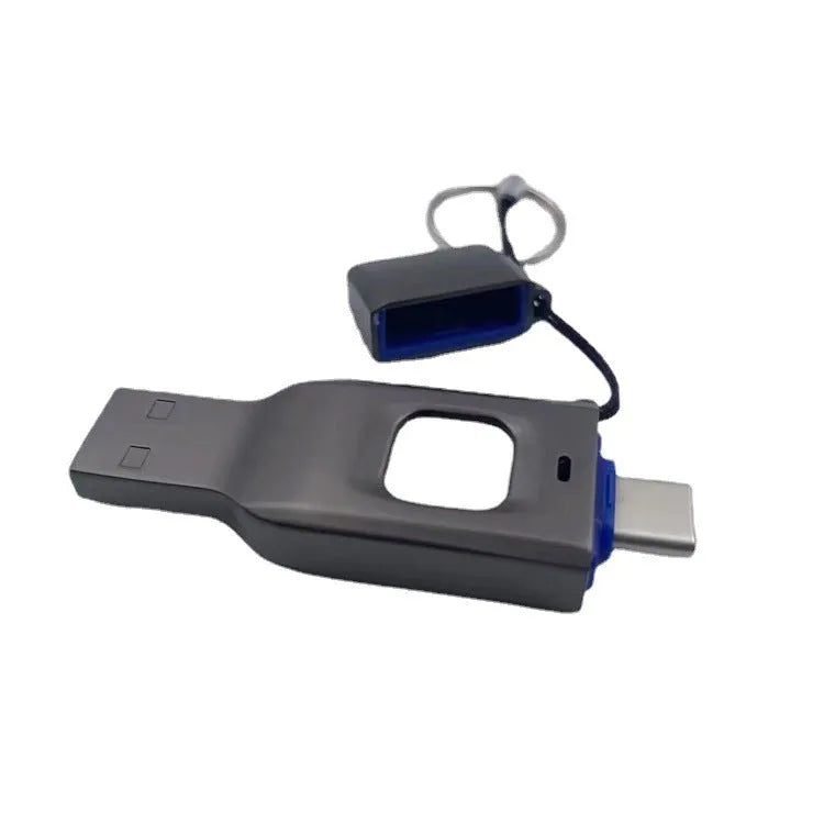 Black fingerprint encrypted USB flash drive showing both USB 3.0 and Type-C interfaces with metal casing