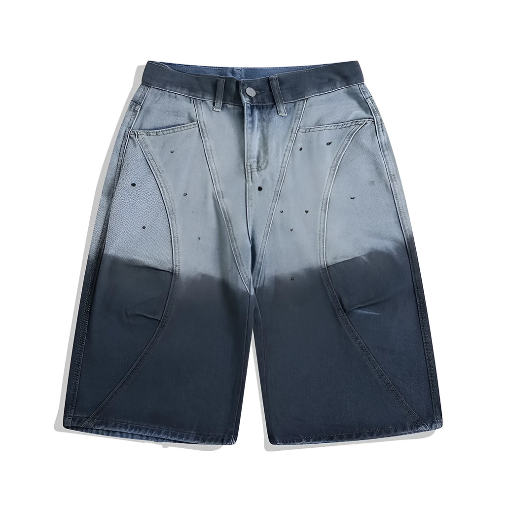 Blue tie-dye gradient washed cropped jeans with loose fit and mid-waist construction