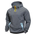 Men's solid colour polyester pullover hoodie with multi-pocket, loose fit, in khaki colour