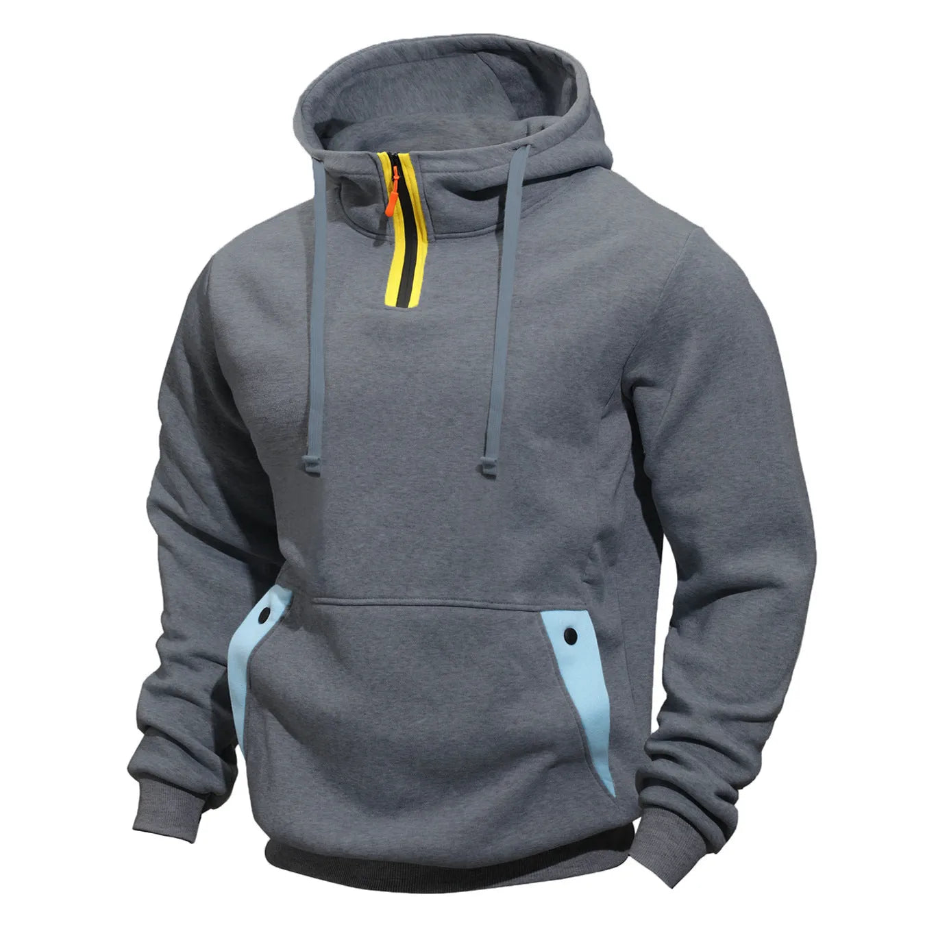 Men's solid colour polyester pullover hoodie with multi-pocket, loose fit, in khaki colour