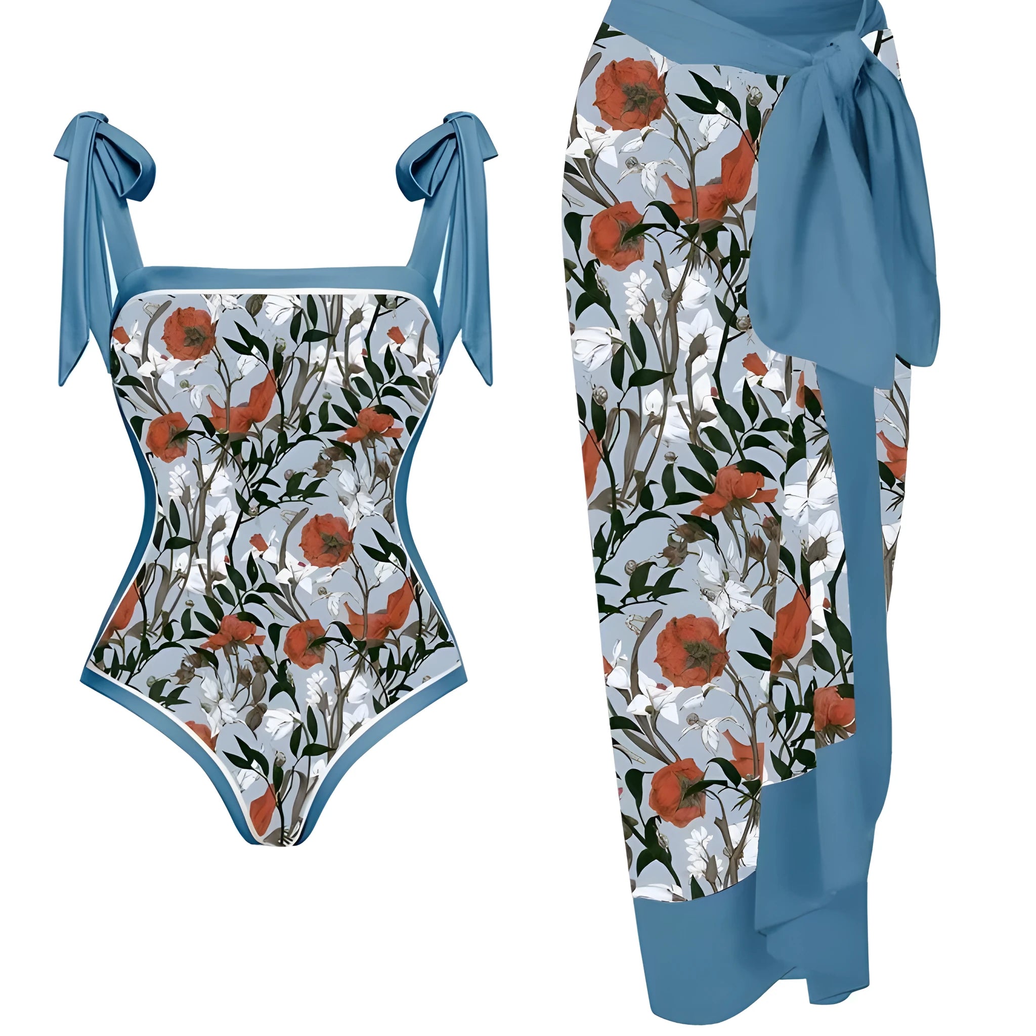Women's printed floral two-piece chiffon swimsuit with hip skirt for swimming