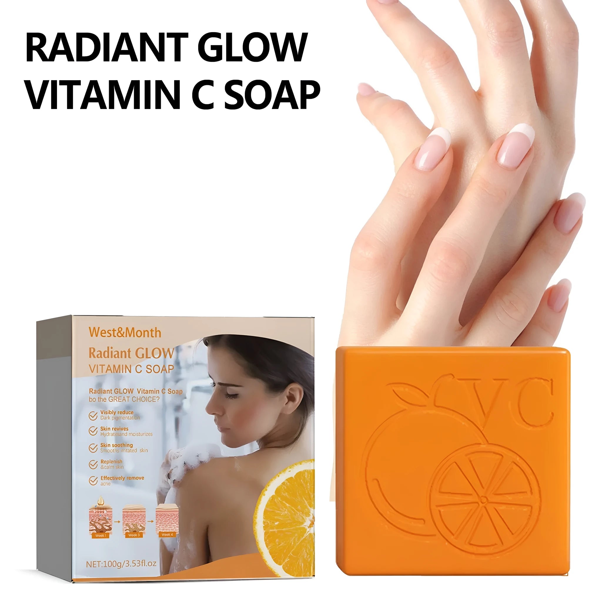 100g bar of whitening vitamin body care soap containing kojic acid and botanical extracts.