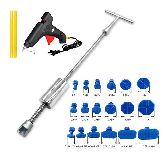 Automotive dent repair tool with T-shaped hammer and blue adhesive pads for car bodywork