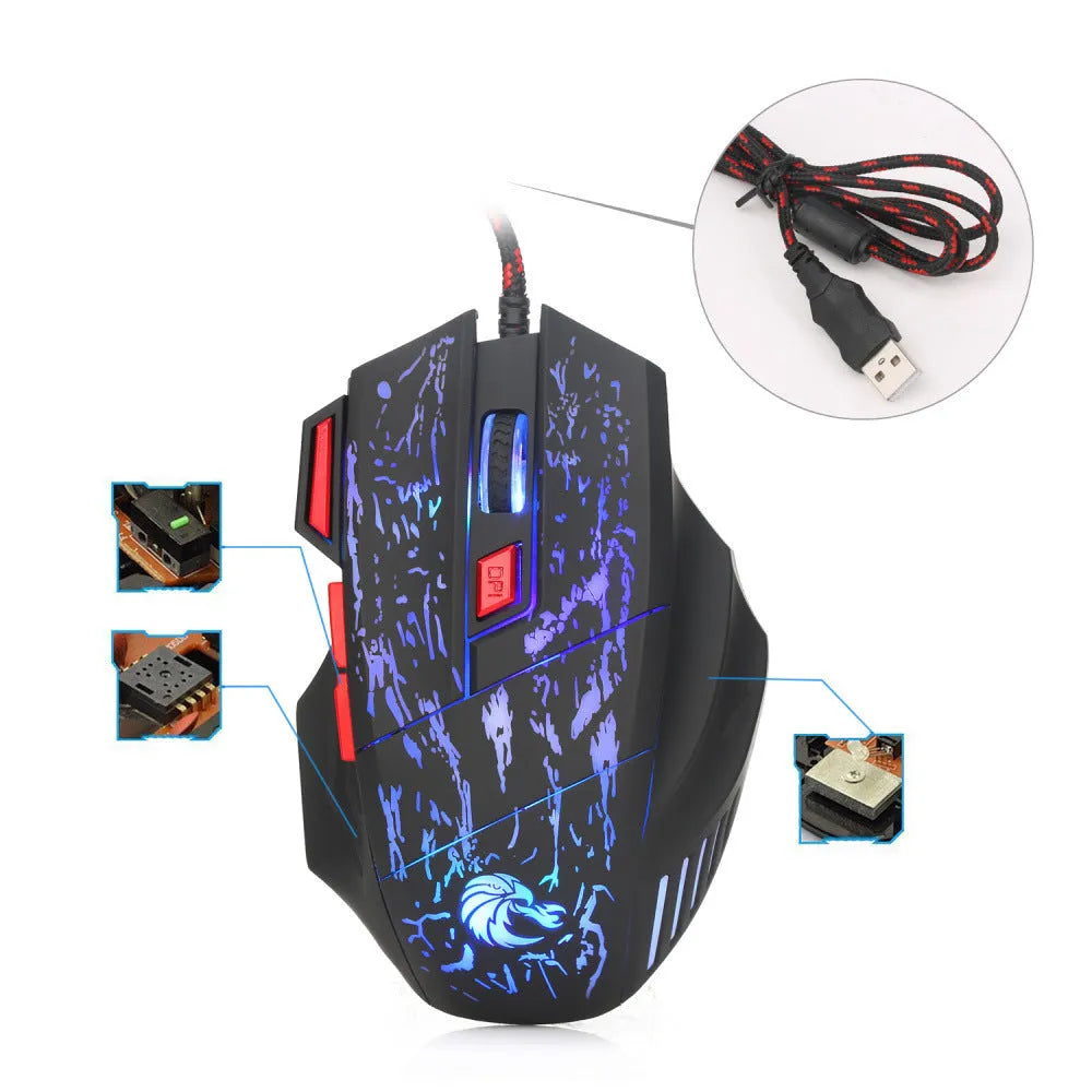 Colourful luminous water crack pattern gaming mouse with ergonomic shape and USB cable