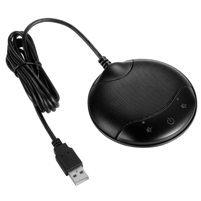 Black USB condenser desktop microphone for conference calls and gaming voice chat