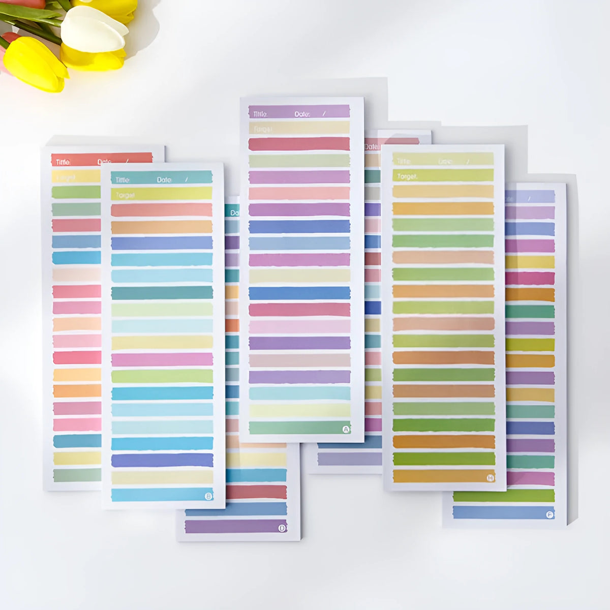Colourful cartoon striped plastic note box for sticky notes, measuring 90mm by 248mm.
