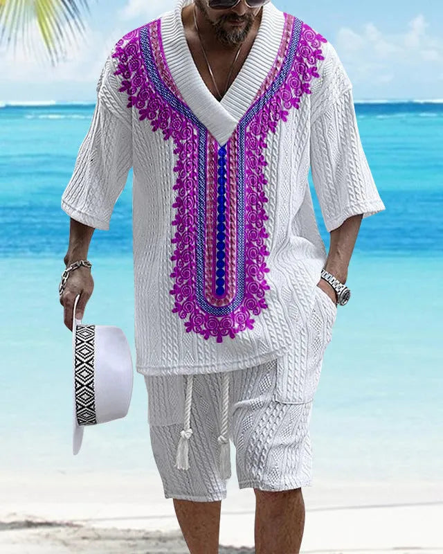 Men's printed knitted short-sleeve shorts suit with drop-shoulder design in chemical fibre blend fabric