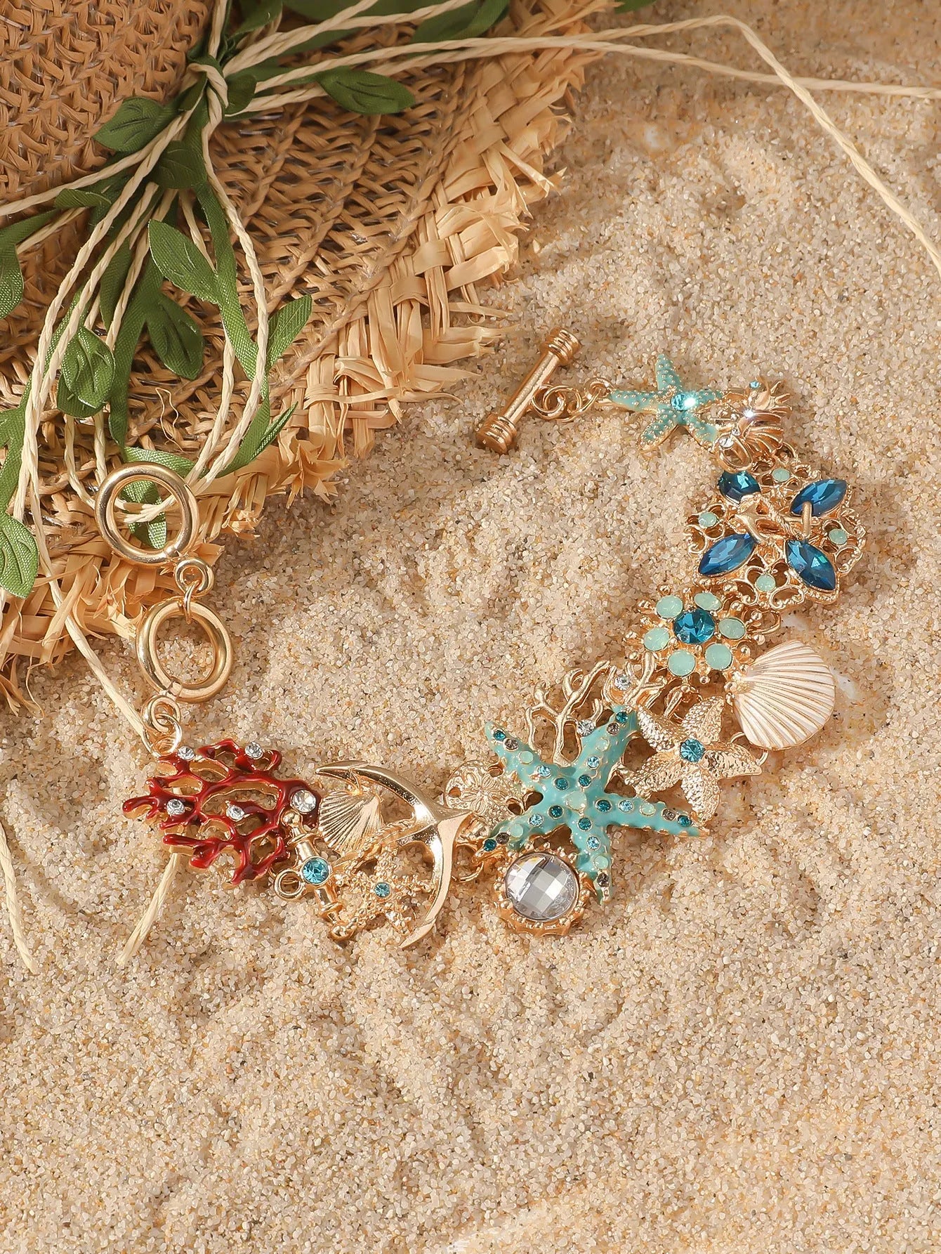 Alloy rhinestone bracelet with marine boat anchor design and starfish elements in turquoise finish