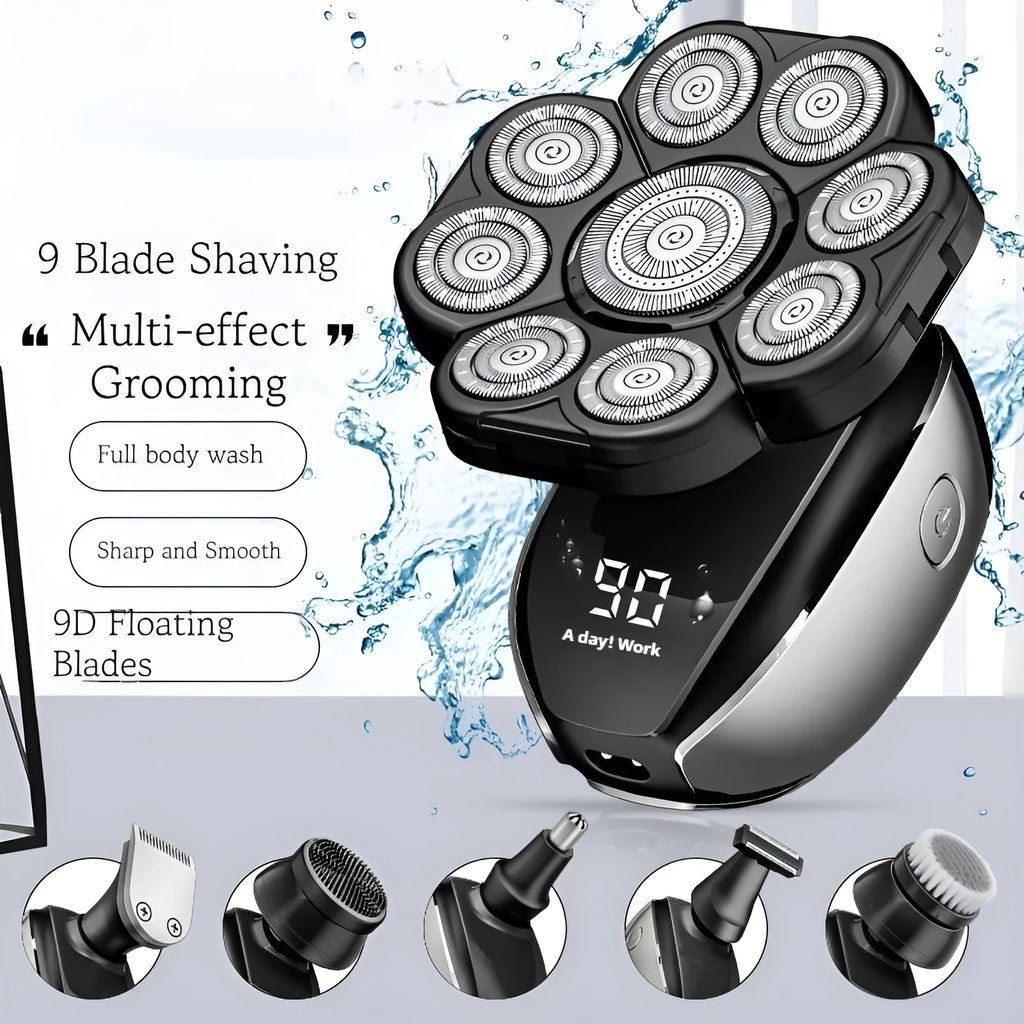 Black 6-in-1 multifunctional hair clipper set with USB charging and floating cutter head attachments
