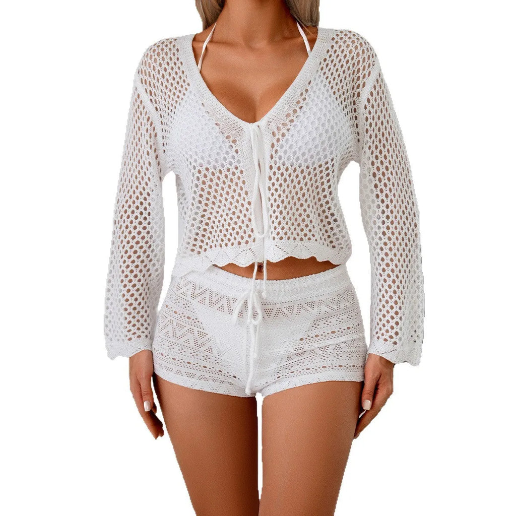 Women's hollow woven cardigan blouse with bell sleeves in apricot colour