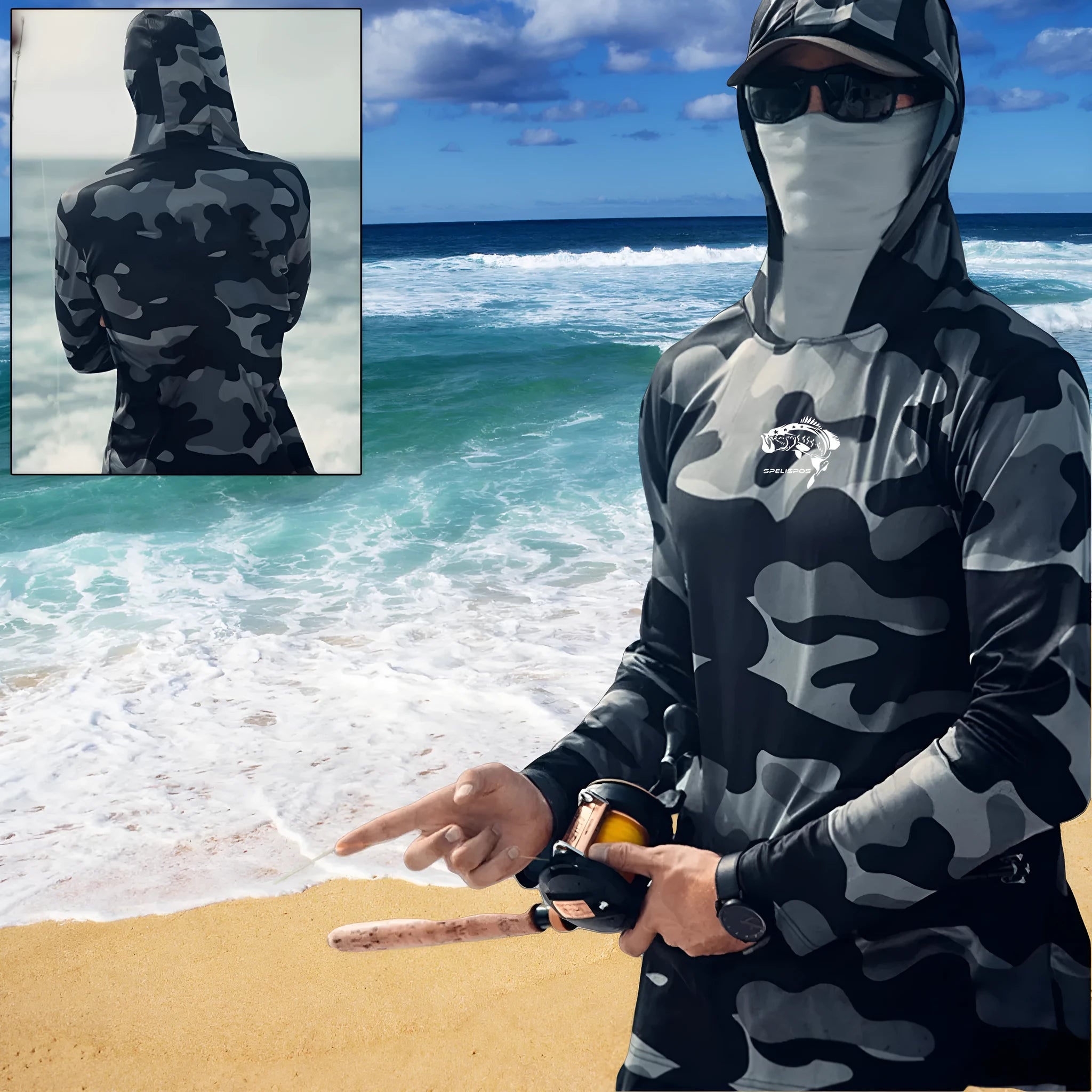 Men's grey fishing shirt with hoodie and neck cover showing mesh side panels for breathability
