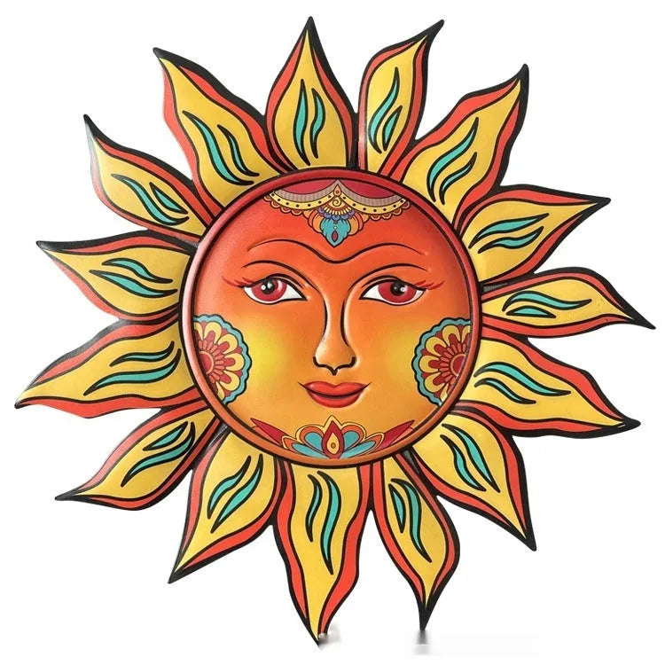 Circular iron sun face wall hanging with a diameter of 35 cm for rustic home decor.