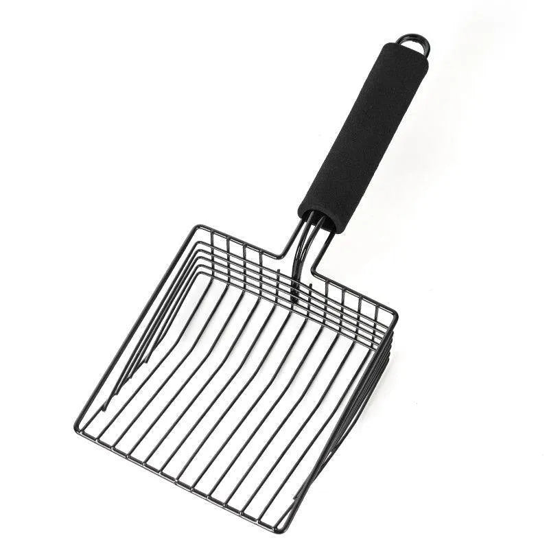 Black metal cat litter scoop with a long handle and a sifting head showing a narrow mesh gap.