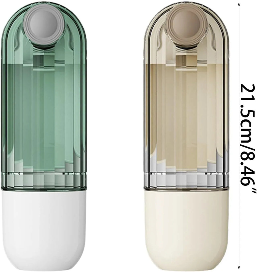 Beige or green foldable dog water bottle and food dispenser for outdoor walking and hiking