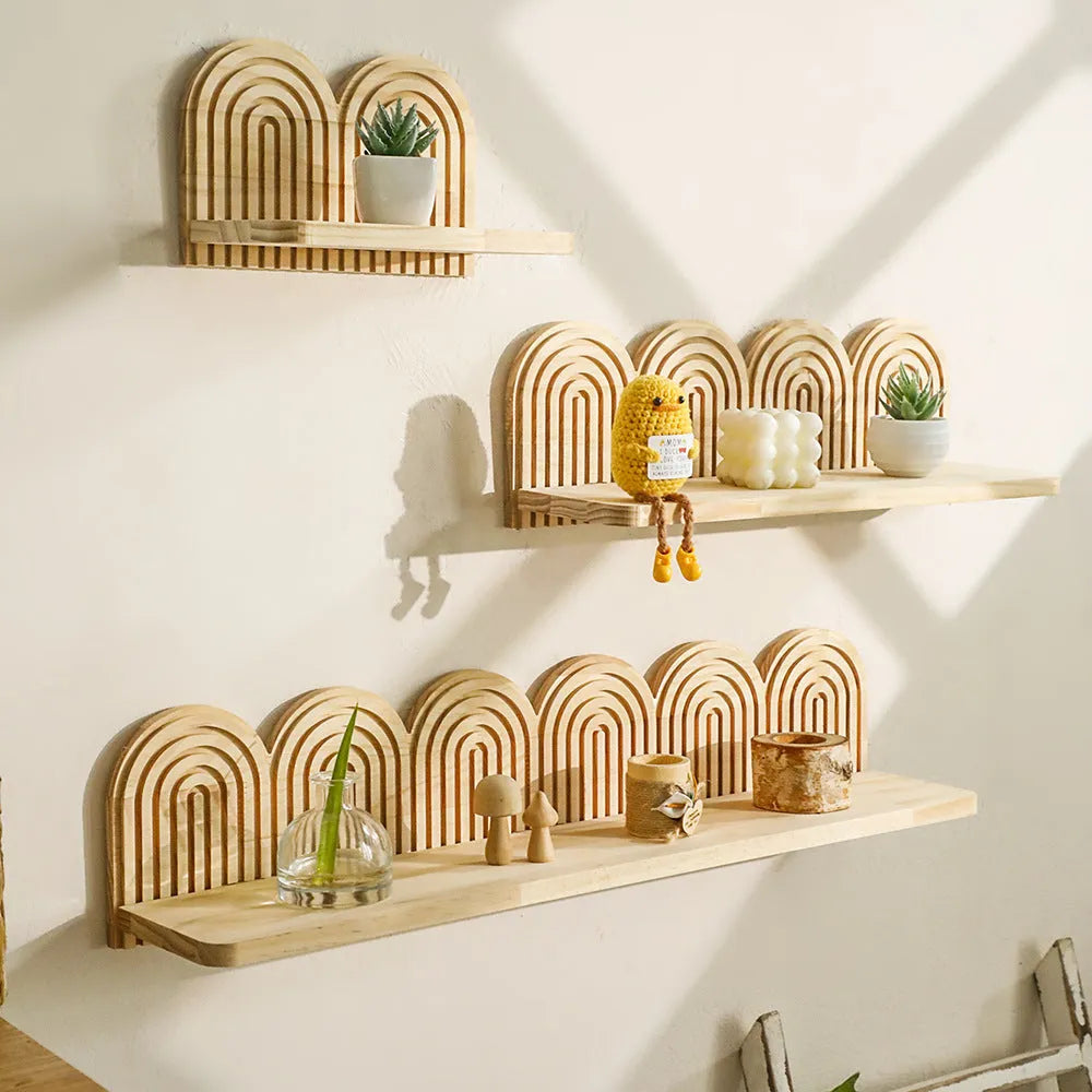 Solid wood multi-layer wall rack with flower pots displayed on staggered shelves