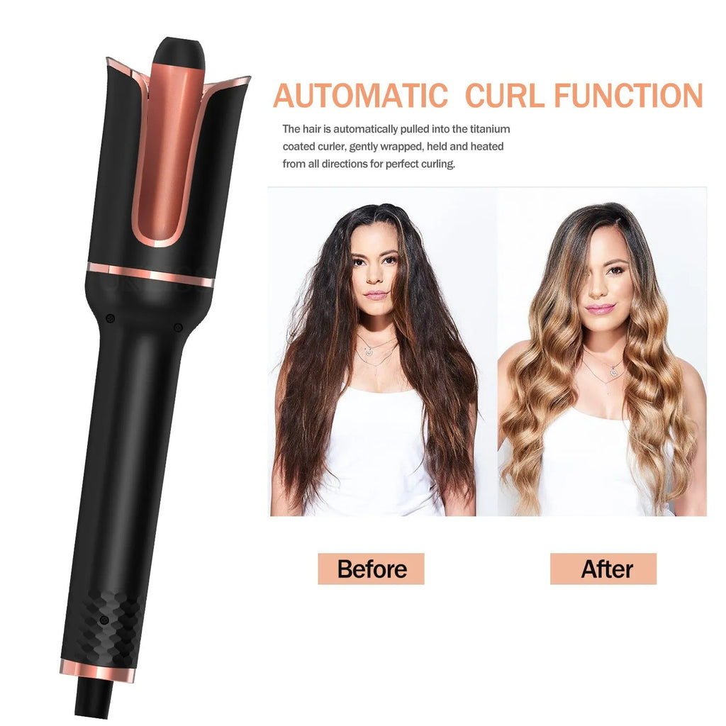 Black automatic hair curler with negative ion technology and tourmaline ceramic barrel 16mm-20mm