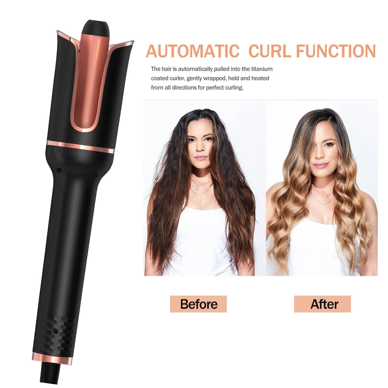 Black automatic hair curler with negative ion technology and tourmaline ceramic barrel 16mm-20mm