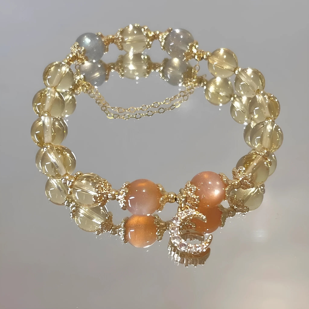 Chinese-style women's crystal bracelet with 14K gold electroplating and diamond-shaped citrine moon design