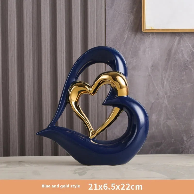 White porcelain heart ornament with geometric design in metallic colour finish