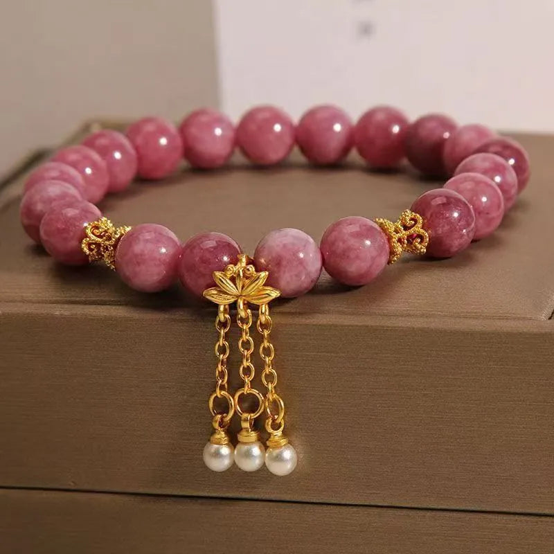 Pink lotus tassel natural stone bracelet with pearl pendant and electroplated crystals
