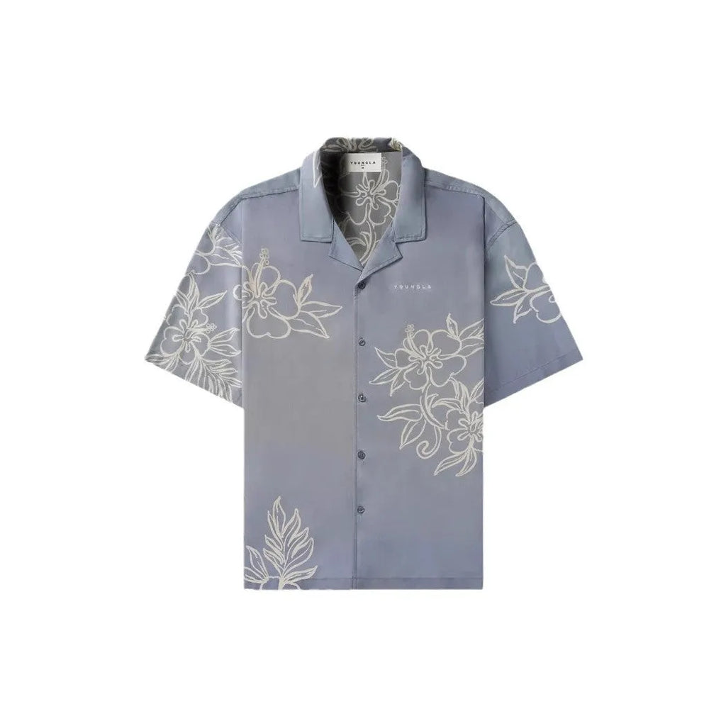 Men's loose fit short sleeve top with floral pattern in polyester elastic fabric for summer