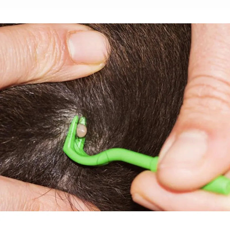 Three blue and green plastic pet tick removal tools with hook design on a white background