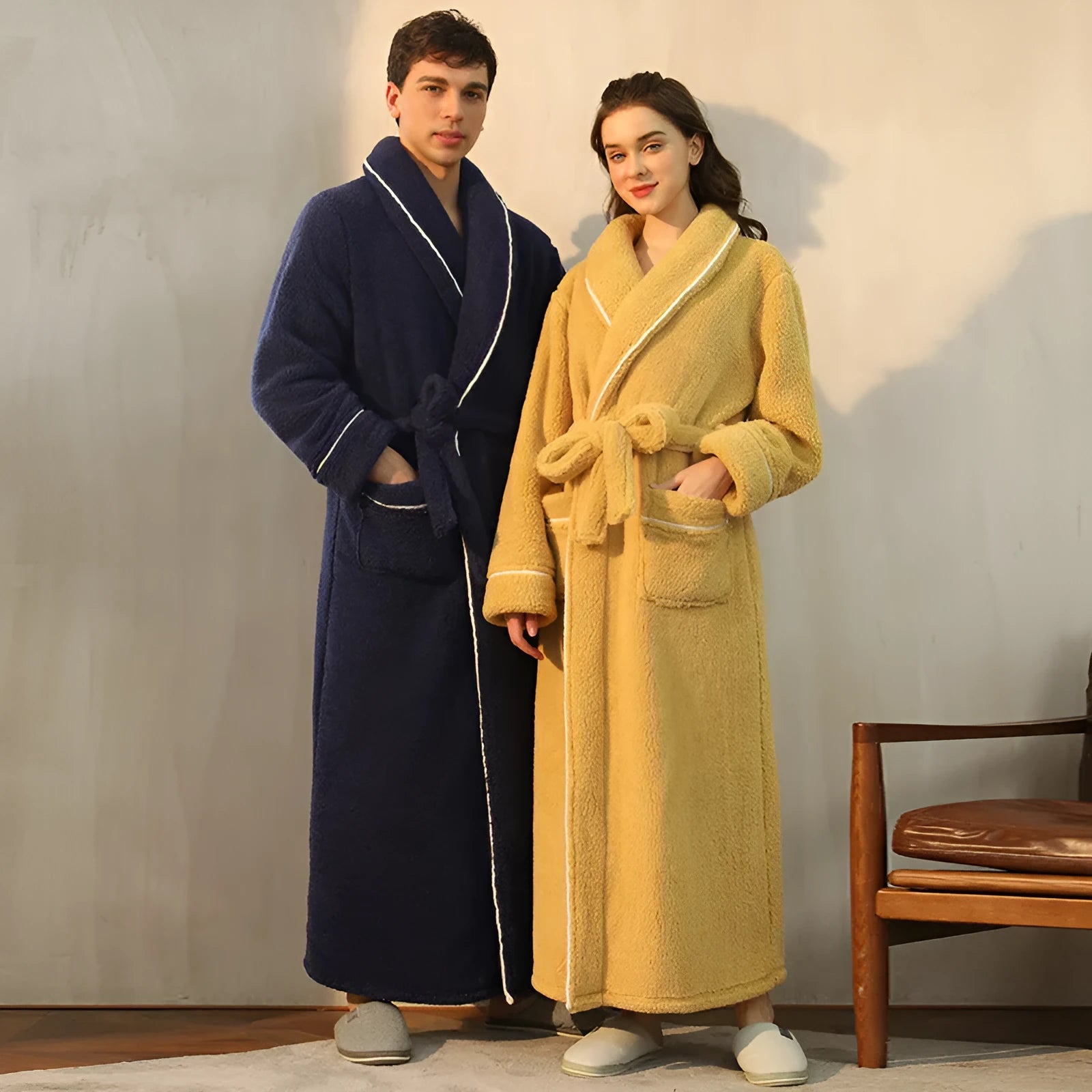 A super thick flannel couple's bathrobe for winter, shown in a colour option like navy blue or emerald green.
