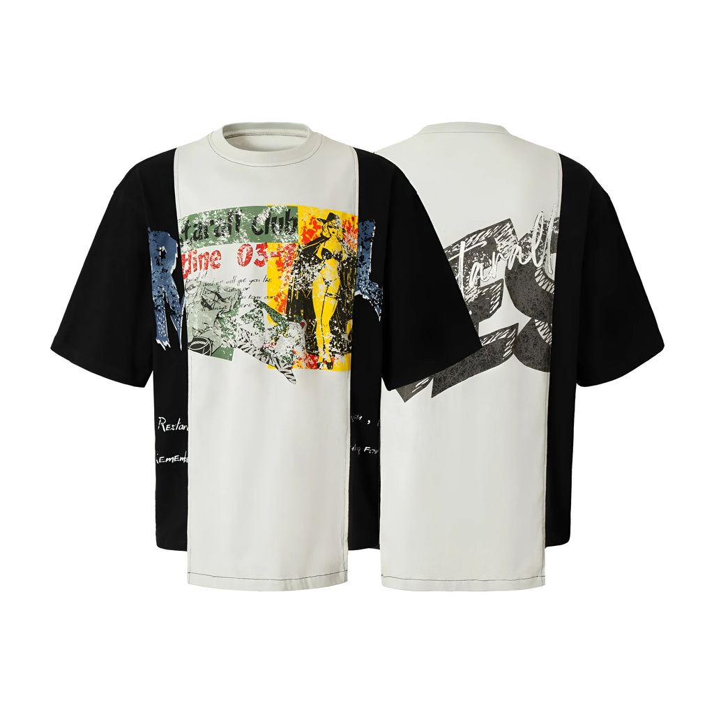 Black and white deconstruction printed collage T-shirt with loose fit street style