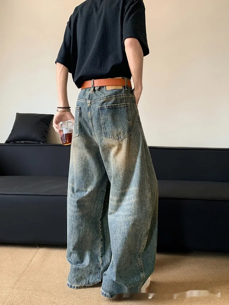 Men's retro blue distressed denim wide-leg pants with micro-elastic fabric