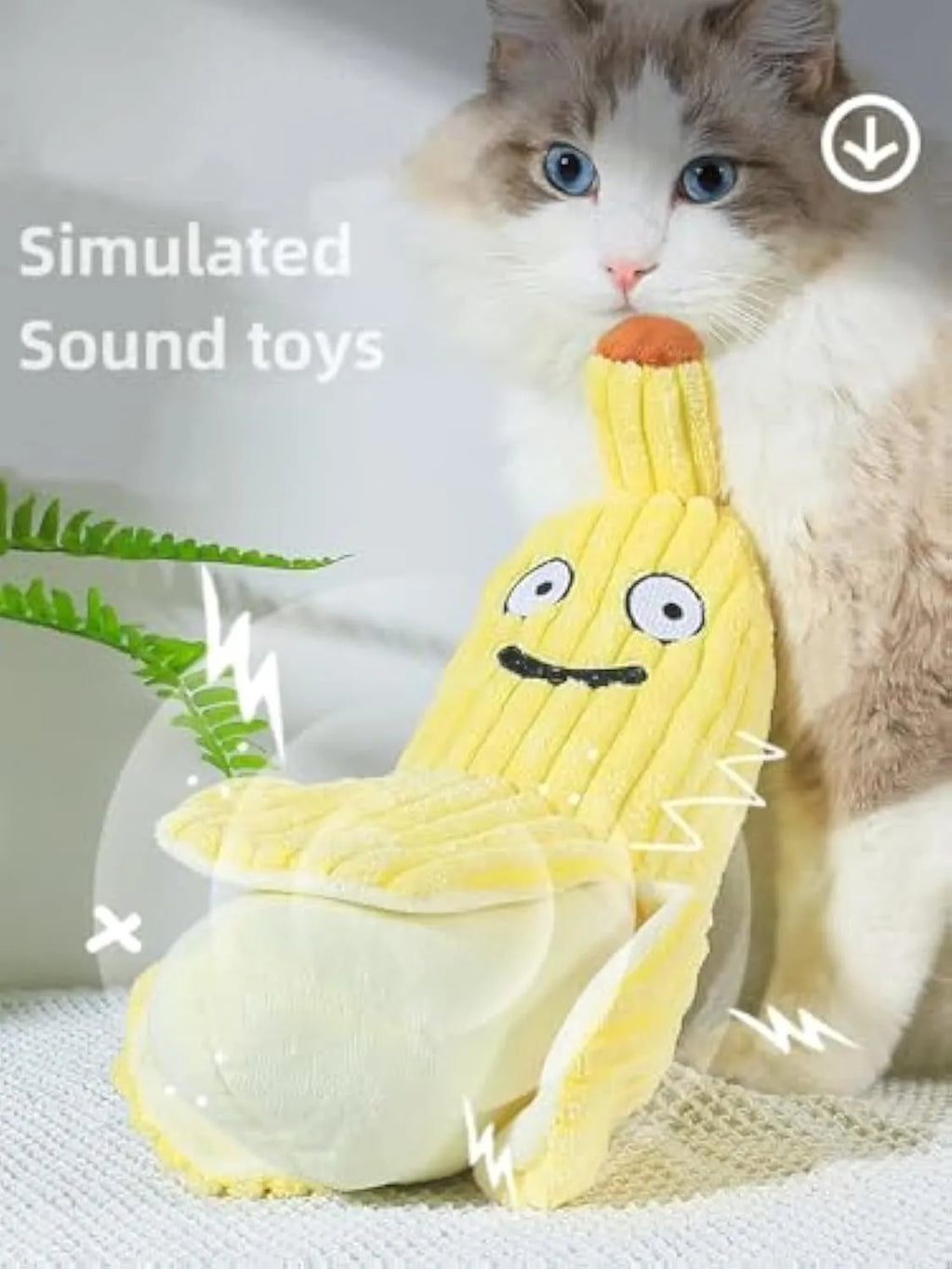 Yellow banana-shaped cat toy with soft plush texture and crinkle paper sound element