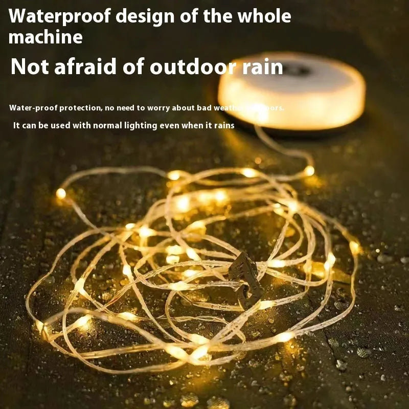 Rechargeable outdoor LED string lights with 30 beads on an 8-metre cord, showing both colourful and warm white light options.