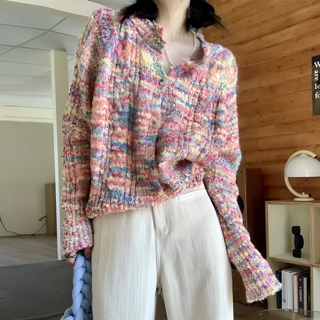 Retro rainbow patterned knitted cardigan sweater in green or pink ice cream colours with slim fit design