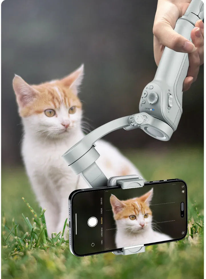 Hand-held three-axis anti-shake stabilizer with AI face tracking and fill light in gray ABS construction
