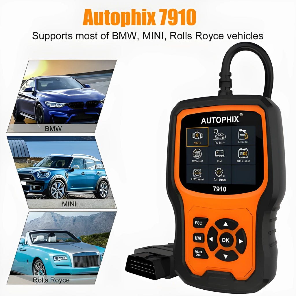 Autophix 7910 BMW OBD2 diagnostic scanner tool with display screen and connector cable for vehicle maintenance