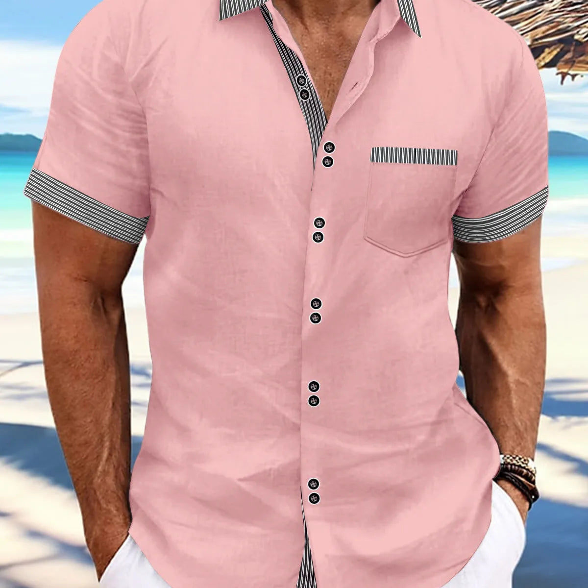 Men's striped cotton casual shirt with double button front in slim fit styling