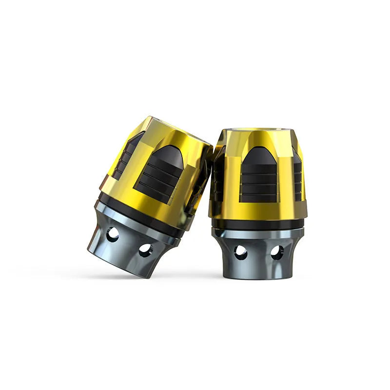 A pair of anodised aluminium fork cups for motorcycle or electric car front axles, shown in a selection of colours.
