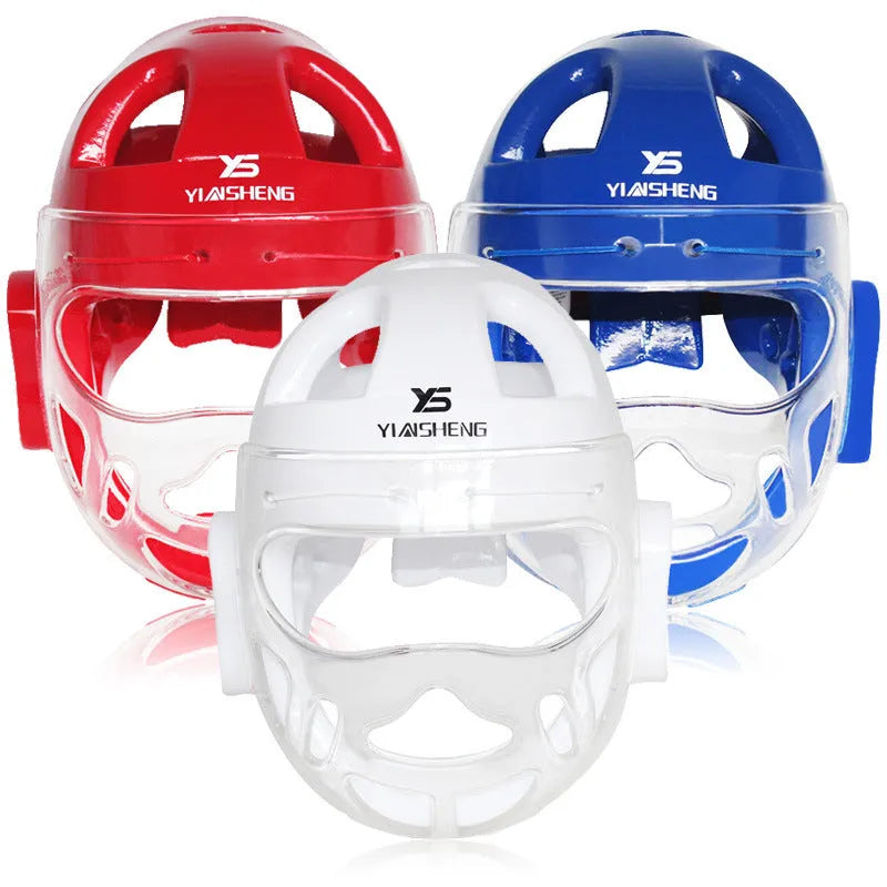 A blue, red, or white karate helmet for boxing head protection, shown in sizes S, M, L, and XL.